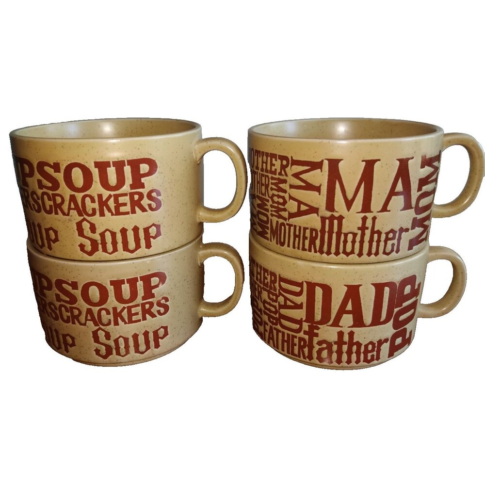 Lot 4x Vintage 1970’s Soup & Crackers Mom Dad Speckled Stoneware Mugs Japan Tan - Picture 1 of 15